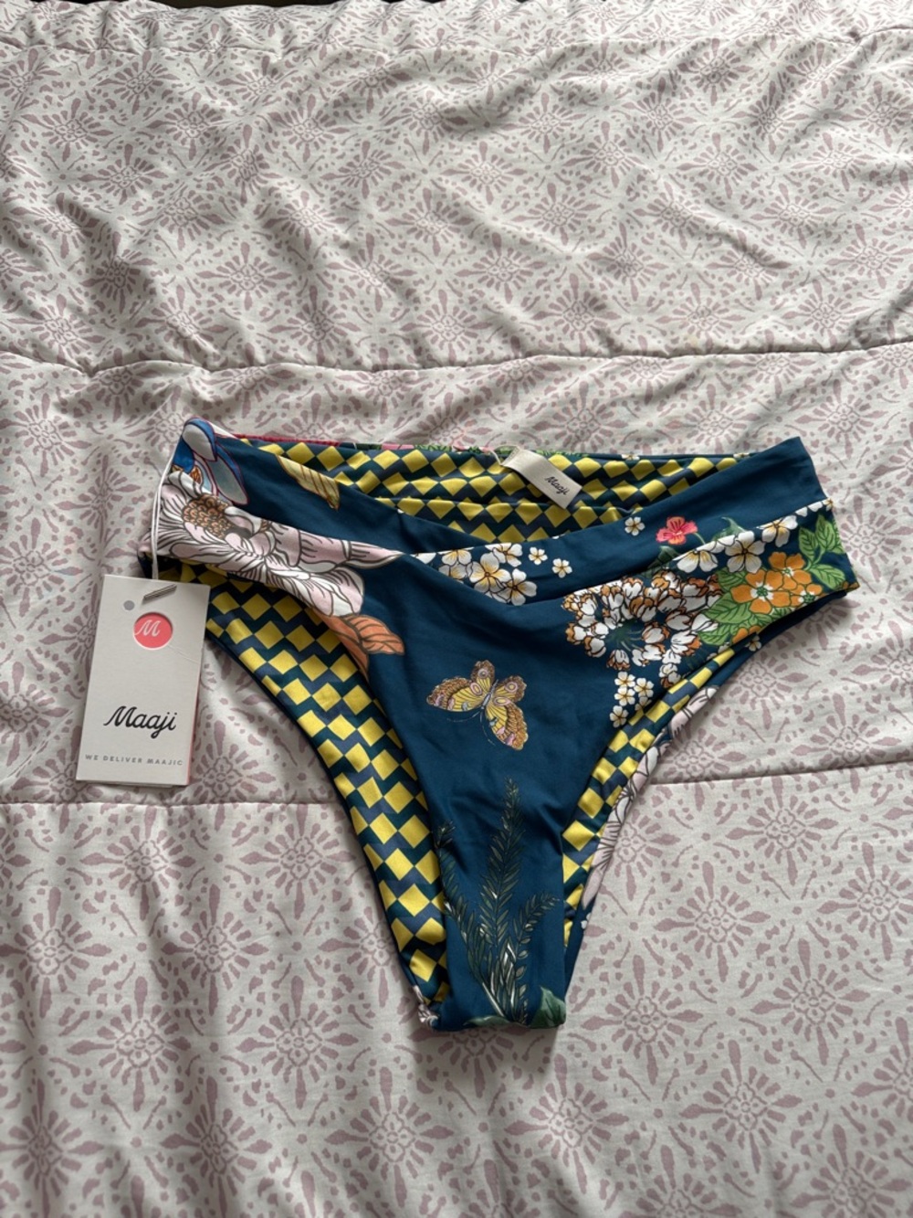 Maaji Teal and Yellow Floral-Geometric Bikini Bottoms
